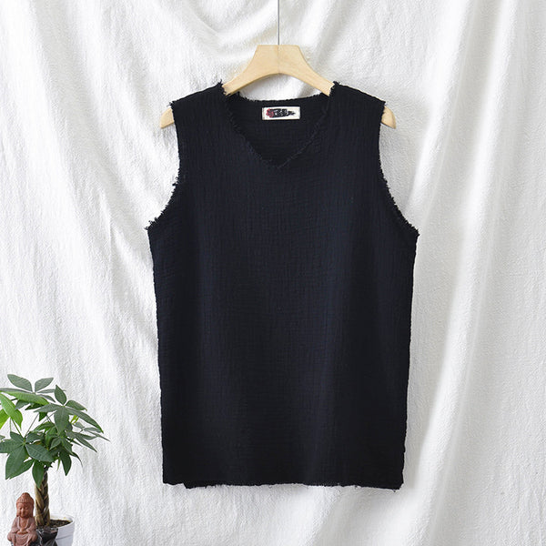 Women Linen and Cotton Sleeveless Wrinkled T-Shirt
