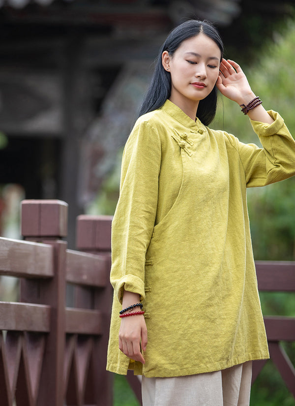 2021 Autumn NEW! Women Simple Retro Style Linen and Cotton Pure Color Top Buckle Blouse Shirt