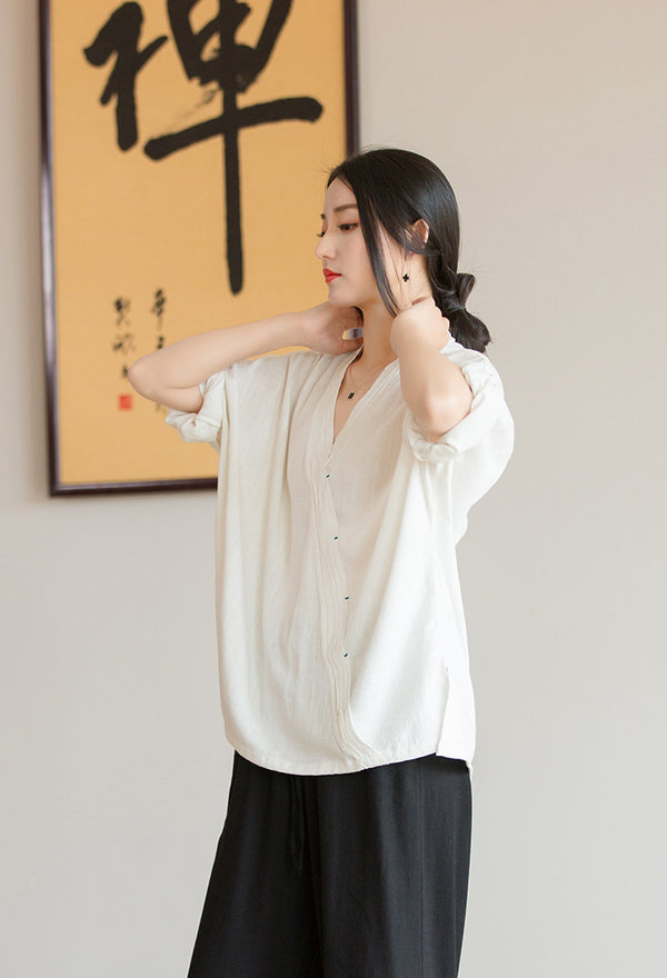 2022 Summer NEW! Women Chinese Style Linen and Cotton V-necked Loose Mid Sleeve T-Shirt