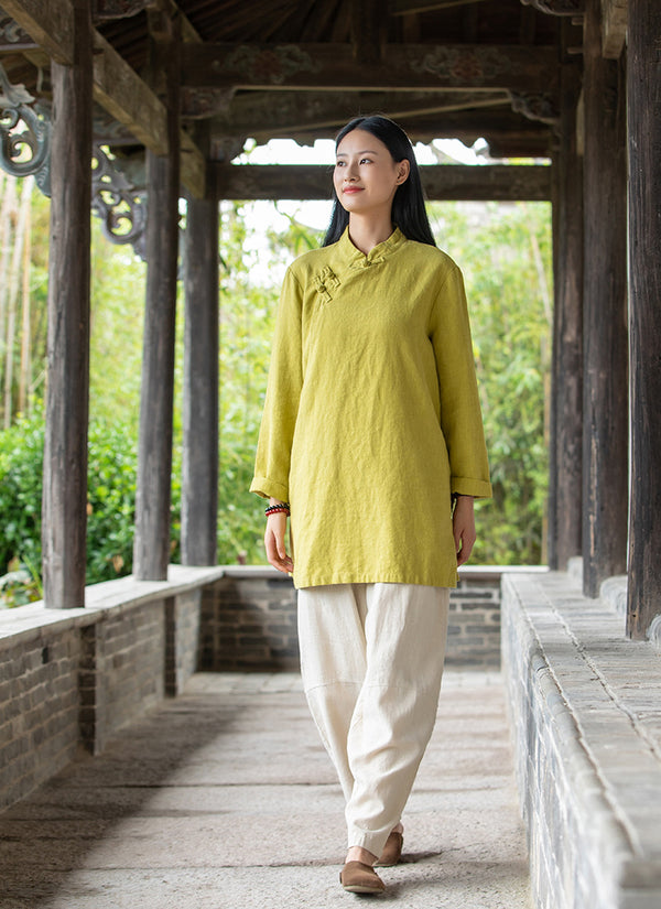 2021 Autumn NEW! Women Simple Retro Style Linen and Cotton Pure Color Top Buckle Blouse Shirt