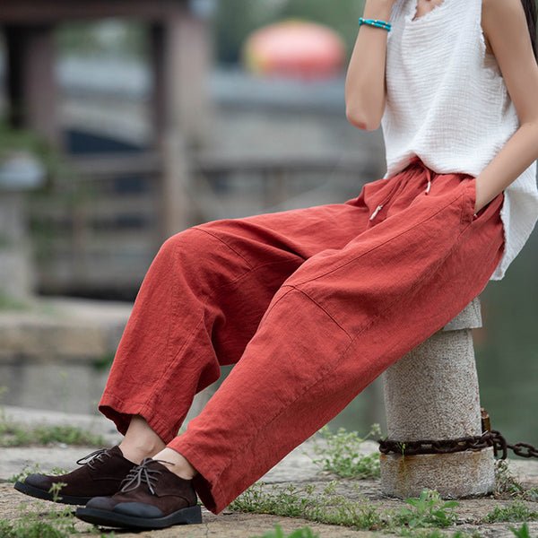 Women Linen and Cotton Causal Loose Cropped Drawstring Capris