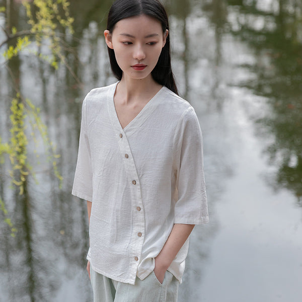 Women Linen and Cotton Middle Sleeves Cardigan Shirt
