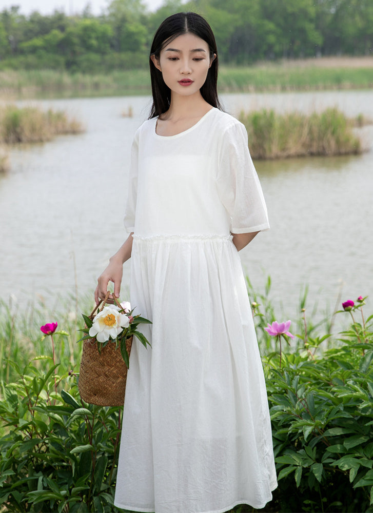 2022 Summer NEW! Women Loose Linen and Cotton Round Neck Middle Sleeve Maxi Dress