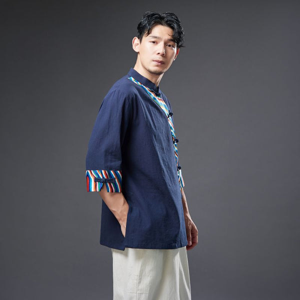2022 Summer NEW! Men Ethnic Style Linen and Cotton Middle Sleeve Shirts