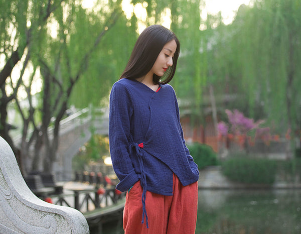 Women Zen Style Linen and Cotton Long Sleeves Side Cardigan Wrinkled Shirt