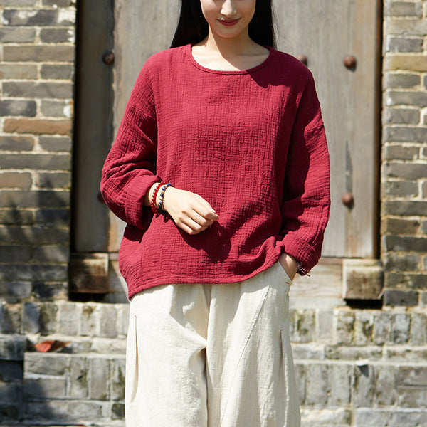 2021 Autumn NEW! Women Simple Loose Style Linen and Cotton Pure Color Round Neck T-Shirt