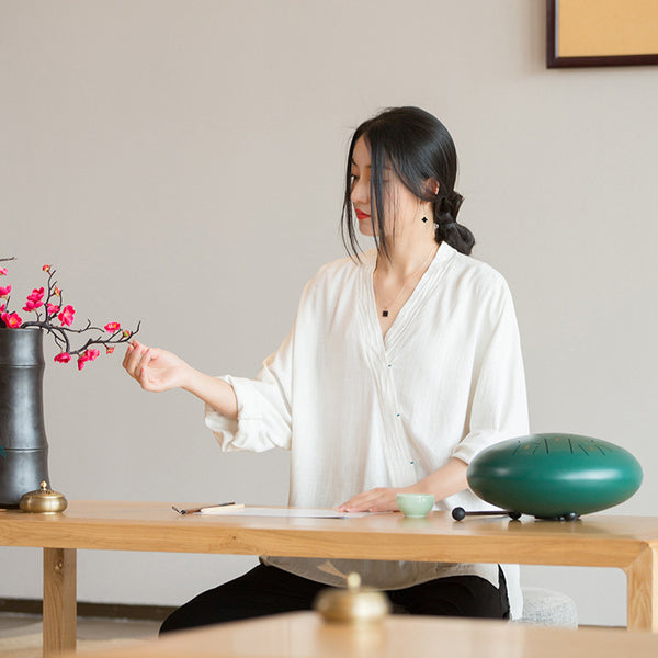 2022 Summer NEW! Women Chinese Style Linen and Cotton V-necked Loose Mid Sleeve T-Shirt