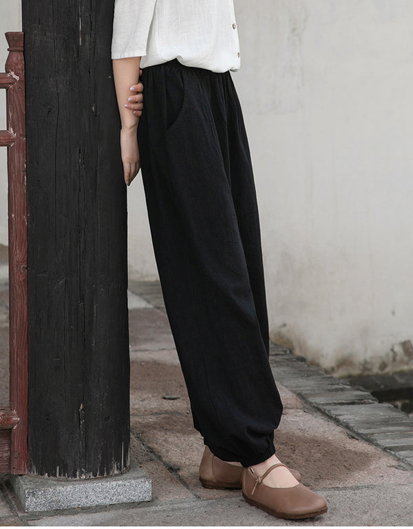 Women Retro Causal Lantern Style Linen and Cotton Patchwork Pants