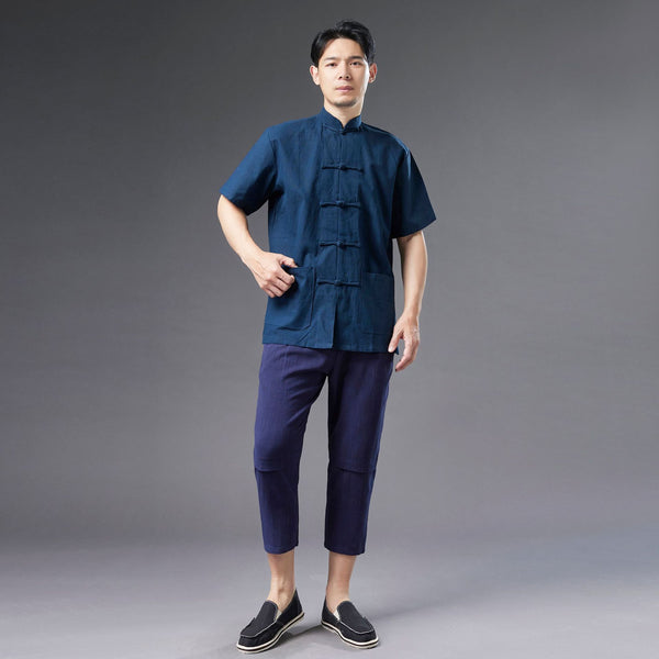 Men Retro Style Linen and Cotton Short Sleeve Pure Color Cardigan Shirts