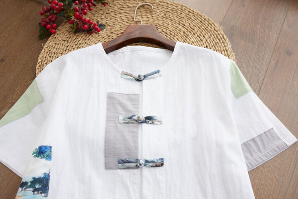 Men Retro Style Linen and Cotton Short Sleeve Patchwork Cardigan Shirts