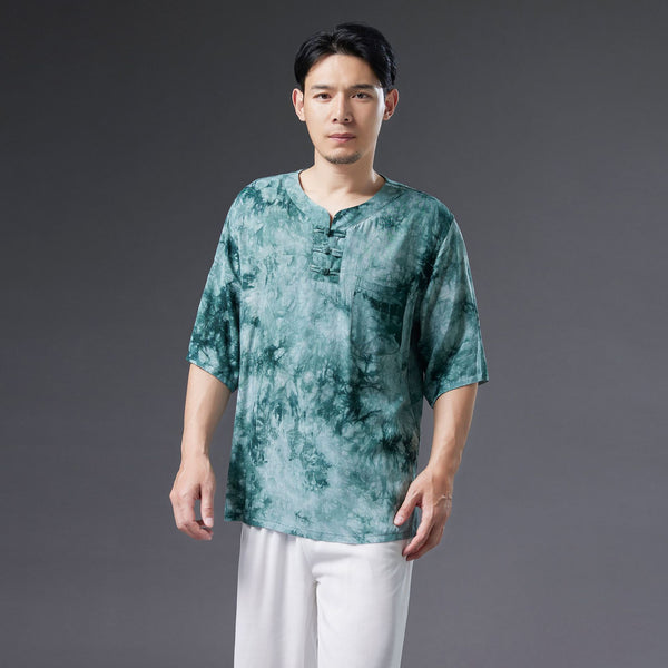 Men Causal Style Linen and Cotton Short Sleeve Dyed Color Tops
