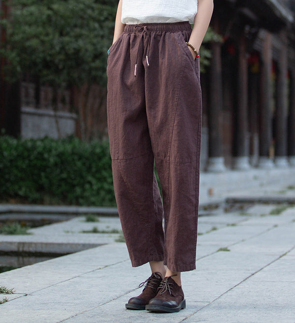Women Linen and Cotton Causal Loose Cropped Drawstring Capris
