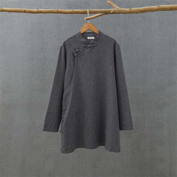 2021 Autumn NEW! Women Simple Retro Style Linen and Cotton Pure Color Top Buckle Blouse Shirt