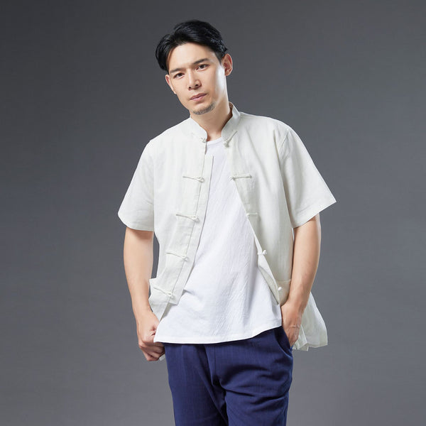 Men Retro Style Linen and Cotton Short Sleeve Pure Color Cardigan Shirts