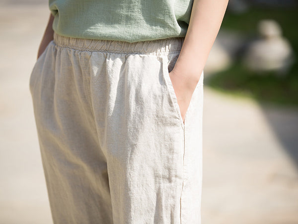 2022 Summer NEW! Women Sporty Style Lantern Leisure Linen and Cotton Cropped Pants