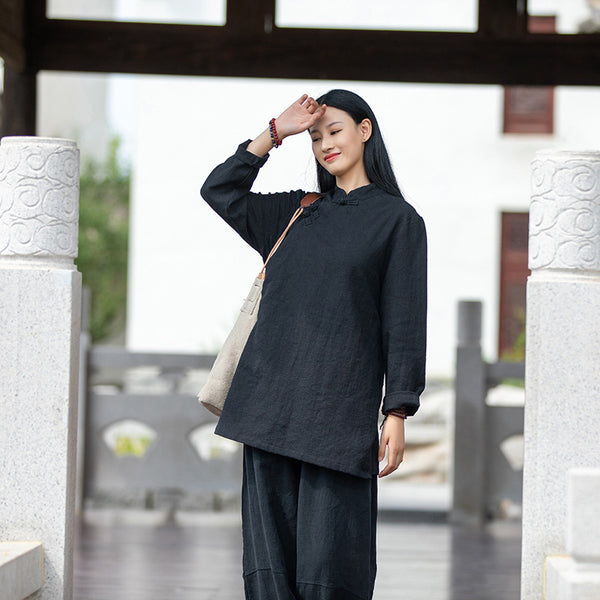 2021 Autumn NEW! Women Simple Retro Style Linen and Cotton Pure Color Top Buckle Blouse Shirt