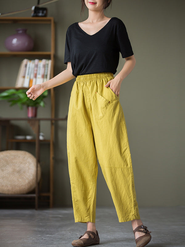 2021 Autumn NEW! Women Lantern Style Linen and Cotton Causal Patchwork Front Pocket Cropped Capris