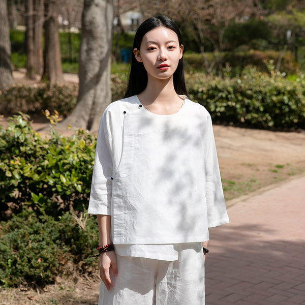Women Modern Style Linen and Cotton Middle Sleeves Chinese Blouse