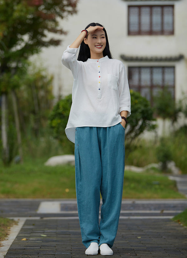 2021 Autumn NEW! Women Simple Light Style Linen and Cotton Pure Color Top Buckle Wrinkled Blouse Shirt