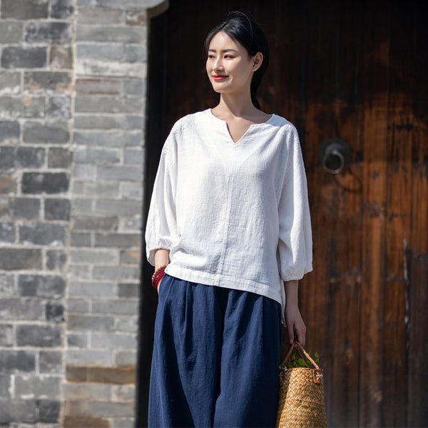 2022 Summer NEW! Women Simple Style Wrinkled Linen and Cotton V Necked Bracelet Sleeves Shirt