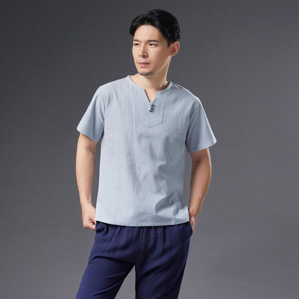 Men Causal Style V Neck Buckle Linen and Cotton Short Sleeve Tops