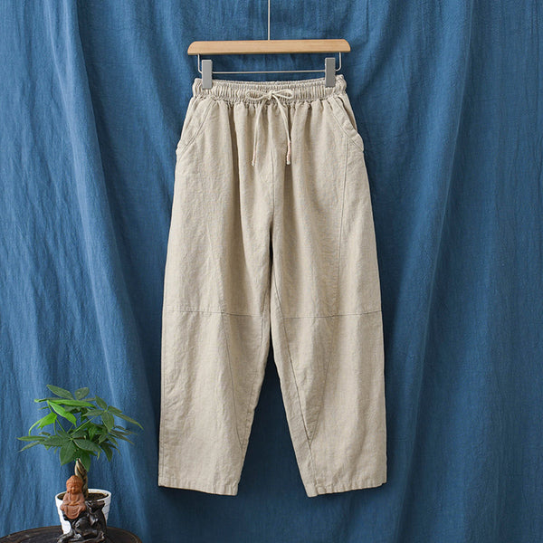 Women Linen and Cotton Causal Loose Cropped Drawstring Capris