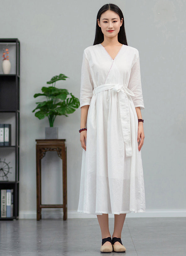 2022 Summer NEW! Women Loose Linen and Cotton V-Necked Middle Sleeve Maxi Dress
