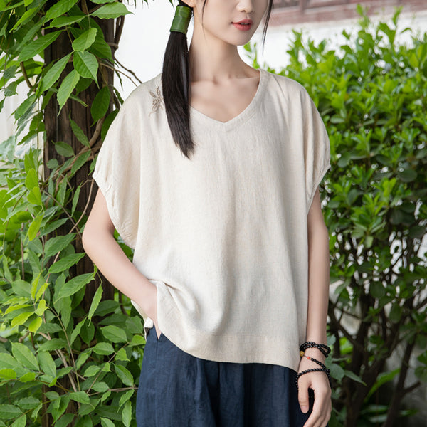 2022 Summer NEW! Women Retro Style Linen and Cotton V-Necked Short Sleeves Shirt