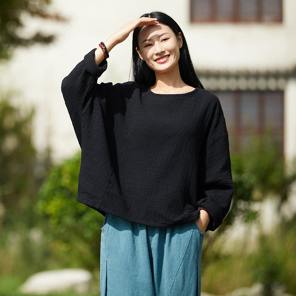 2021 Autumn NEW! Women Simple Loose Style Linen and Cotton Pure Color Round Neck T-Shirt