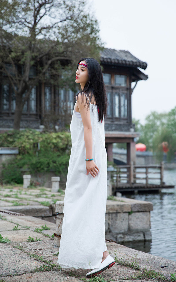 Women Loose Linen and Cotton Pure Color Layered Slip Dress