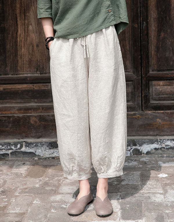 Women Lantern Style Linen and Cotton Lantern Cropped Pants
