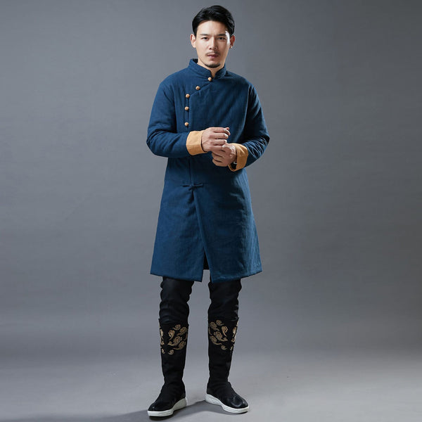 Men Simple Pure Color Style Linen and Cotton Middle Length Side Buckle Quilted Jacket