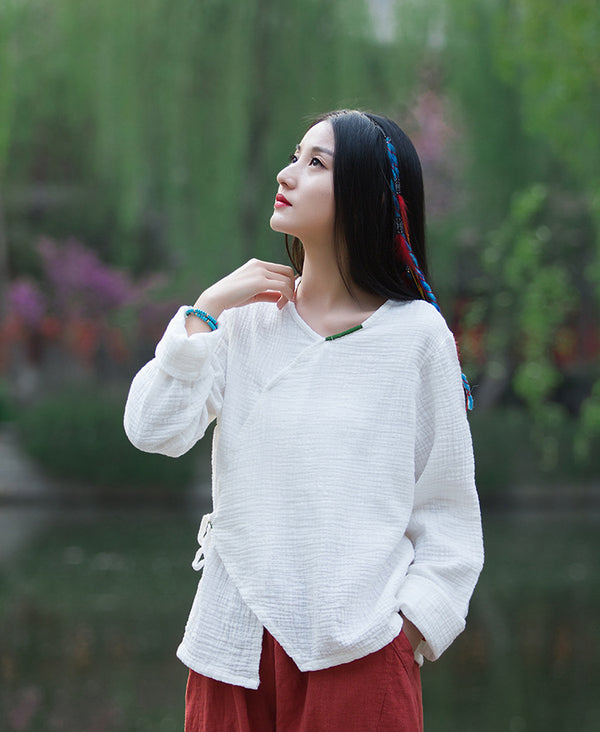 Women Zen Style Linen and Cotton Long Sleeves Side Cardigan Wrinkled Shirt