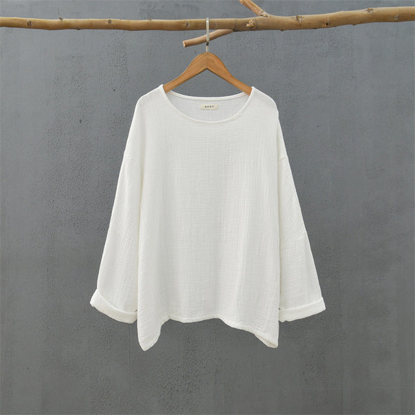 2021 Autumn NEW! Women Simple Loose Style Linen and Cotton Pure Color Round Neck T-Shirt