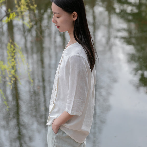 Women Linen and Cotton Middle Sleeves Cardigan Shirt