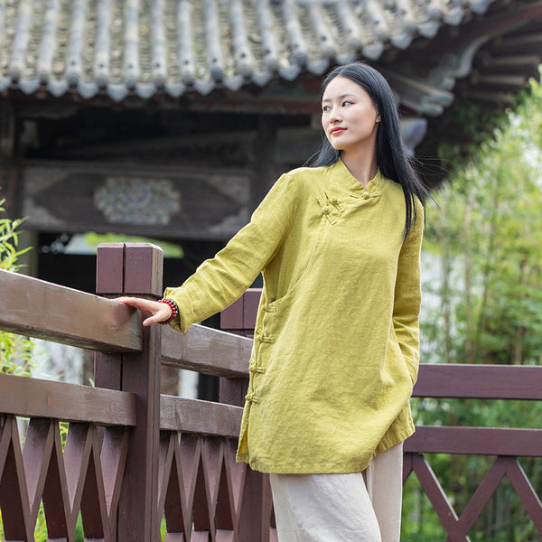 2021 Autumn NEW! Women Simple Retro Style Linen and Cotton Pure Color Top Buckle Blouse Shirt