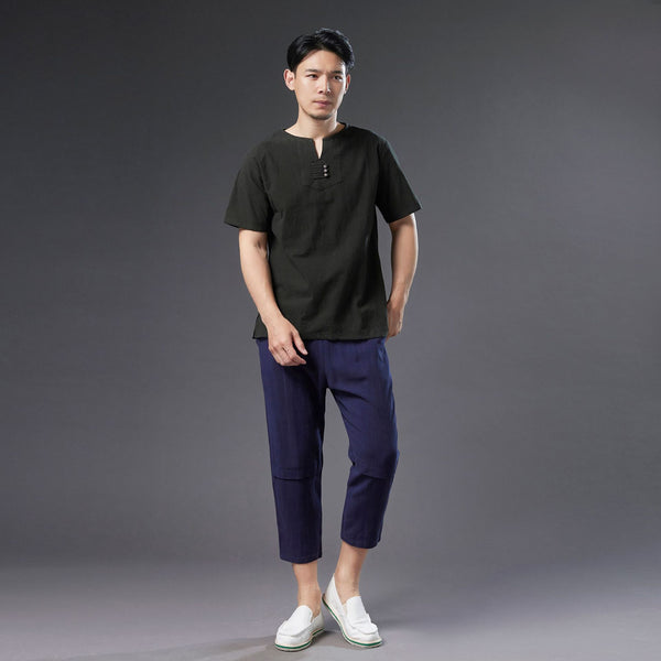 Men Causal Round Neck Style Linen and Cotton Short Sleeve Tops