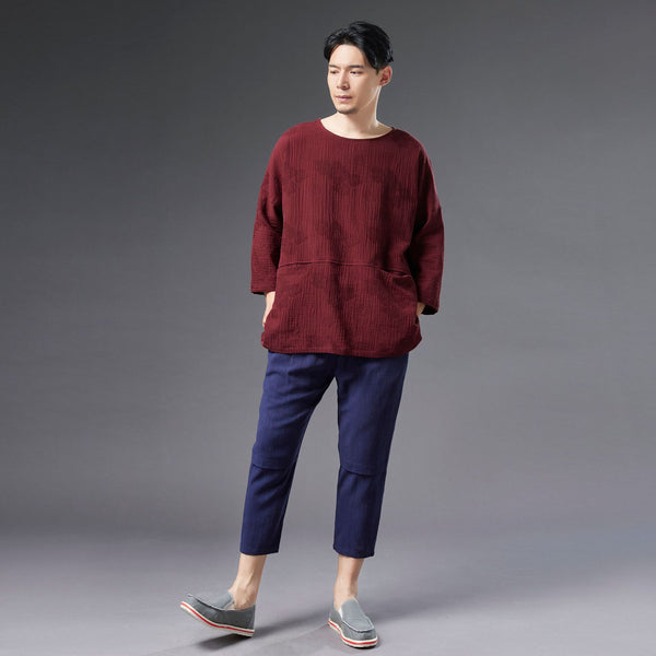 Men Causal Style Round Neck Linen and Cotton bracket 3/4 Sleeve Jacquard Tops
