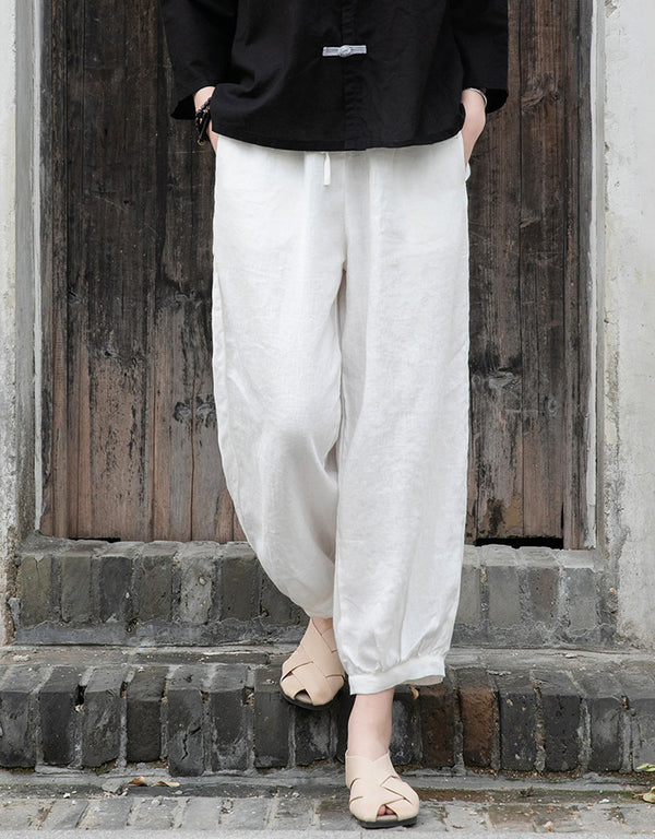 Women Lantern Style Linen and Cotton Lantern Cropped Pants