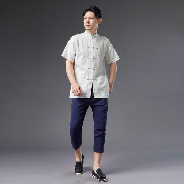 Men Retro Style Linen and Cotton Short Sleeve Pure Color Cardigan Shirts