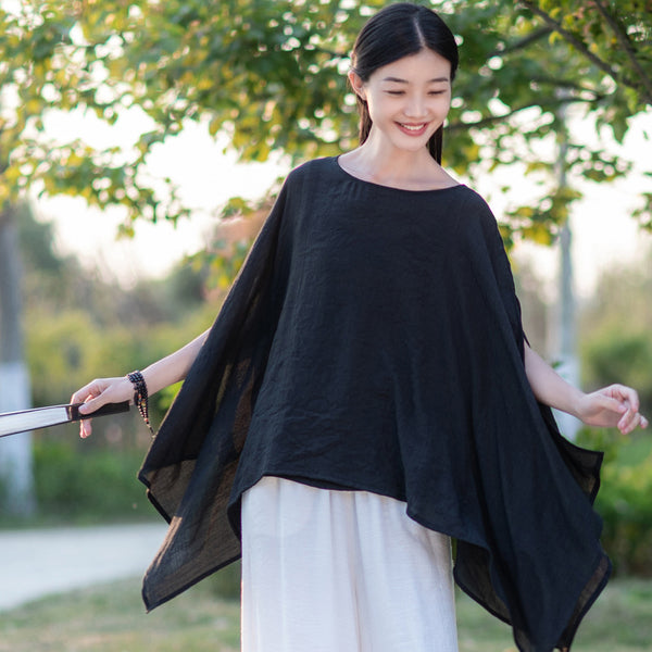 2022 Summer NEW! Women Modern Loose Style Linen and Cotton Round Necked Short Sleeves Shirt