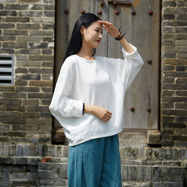 2021 Autumn NEW! Women Simple Loose Style Linen and Cotton Pure Color Round Neck T-Shirt