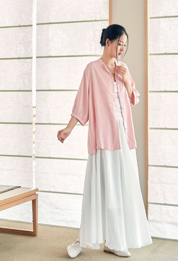 2022 Summer NEW! Women Modern Style Linen and Cotton Round Collar Mid Sleeve Shirt