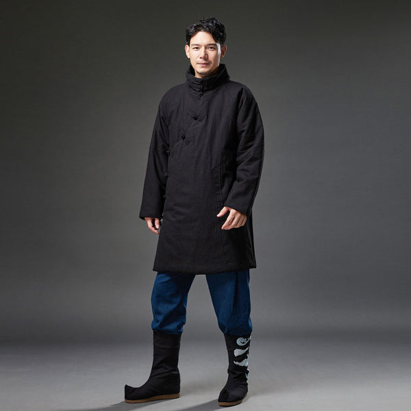 2021 Winter NEW! Men Retro Style Linen and Cotton Quilted Side Buckle Coat