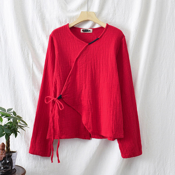 Women Zen Style Linen and Cotton Long Sleeves Side Cardigan Wrinkled Shirt