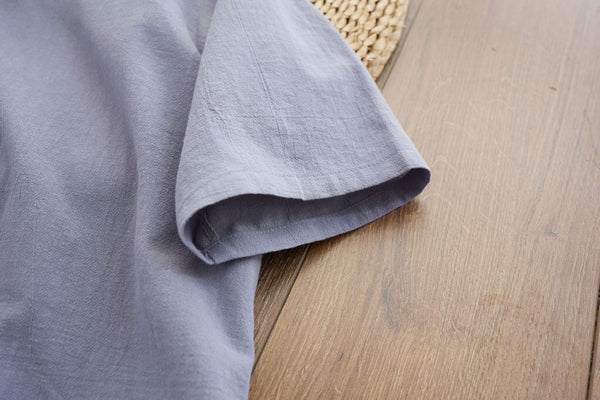 Men Causal Style Round Collar Buckle Linen and Cotton Short Sleeve Tops