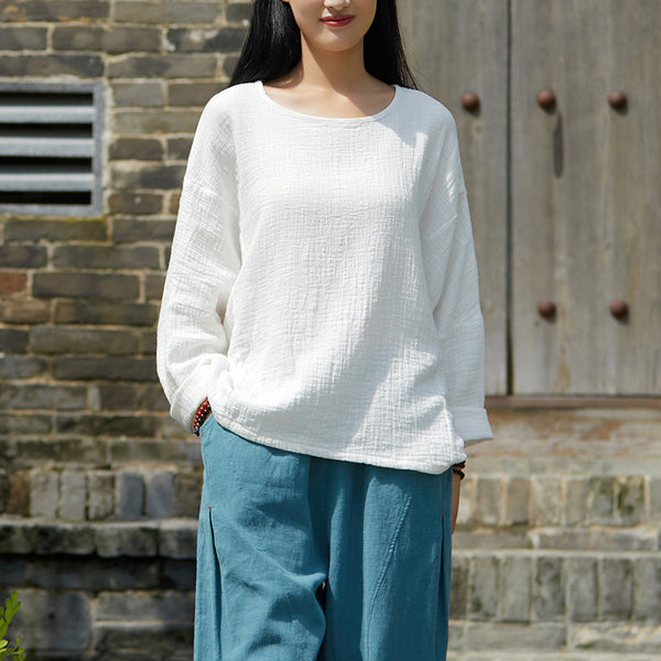 2021 Autumn NEW! Women Simple Loose Style Linen and Cotton Pure Color Round Neck T-Shirt