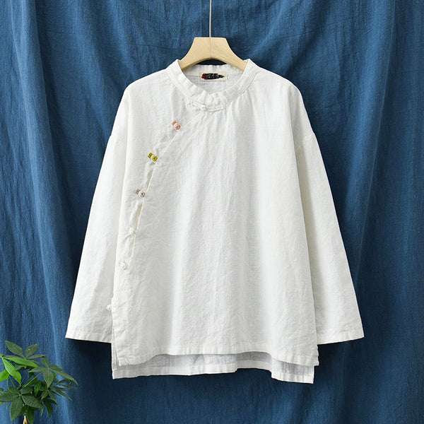Women Round Collar Zen Style Linen and Cotton Long Sleeves Side Cardigan Shirt