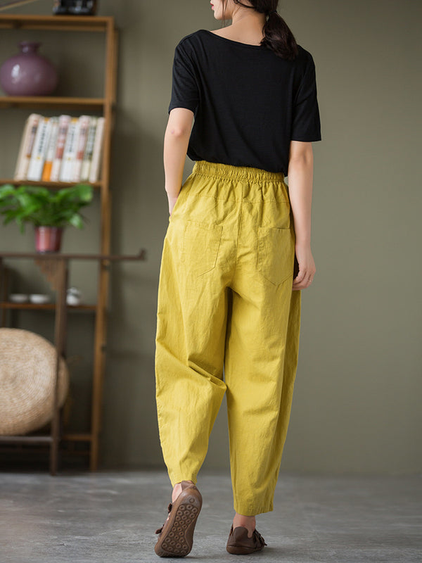 2021 Autumn NEW! Women Lantern Style Linen and Cotton Causal Patchwork Front Pocket Cropped Capris