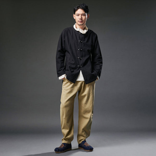 2021 Autumn NEW! Men Retro Chinese Style Pure Color Linen and Cotton Long Sleeve Cardigan Thin Jacket